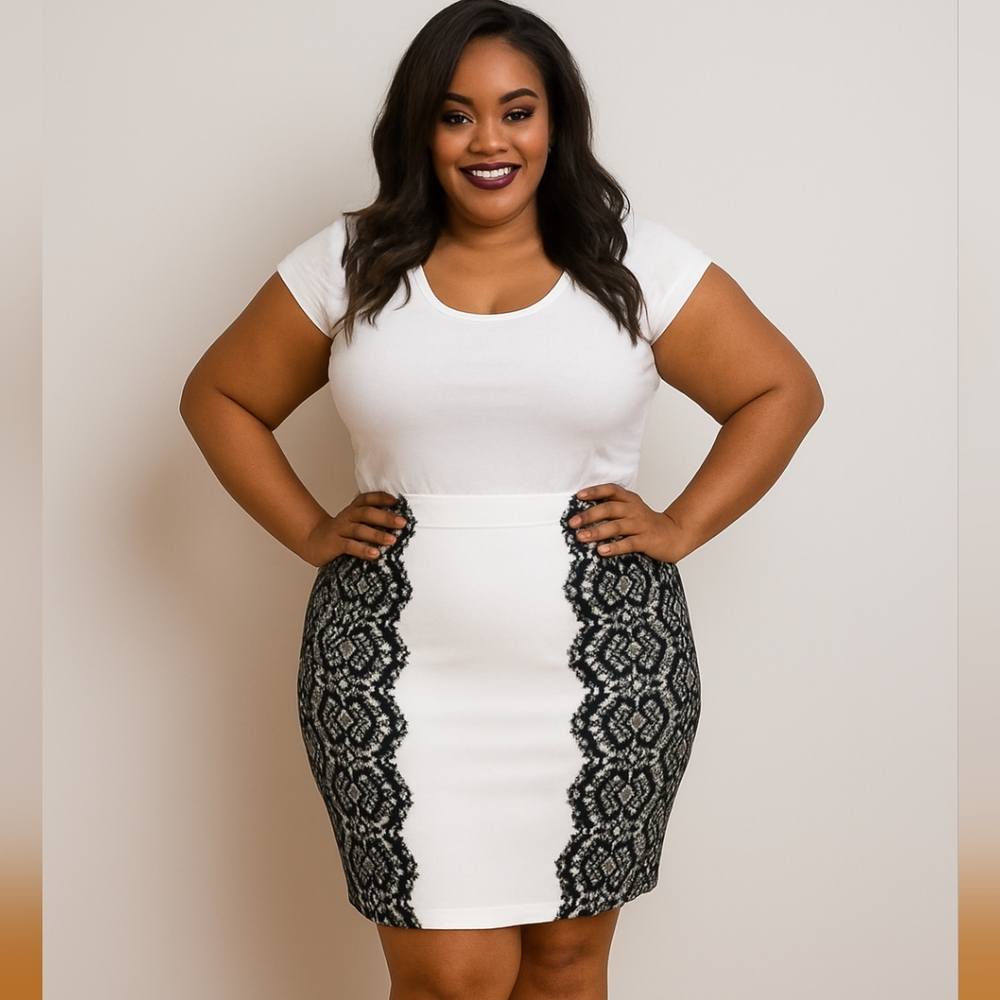 Avenue Elegant Black and White Lace Pencil Skirt Plus Size 26/28